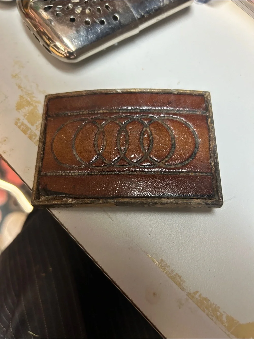Vintage Brown Leather Money Clip with Interlocking Circle Design